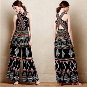 Anthro Amapa Jumpsuit Elevenses Black Tribal Print Cross Front Halter Wide Leg 8